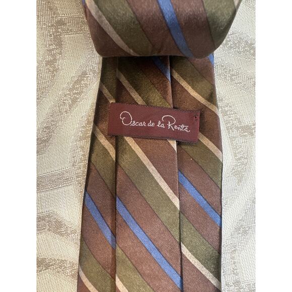 Oscar‎ de la Renta VTG Silk Tie Brown Blue Green Tan Striped Diagonal  Necktie - Picture 2 of 6